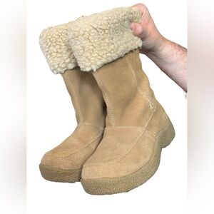 Tan Leather Suede Shearling Lined Mid Calf Winter Boots Women’s 7